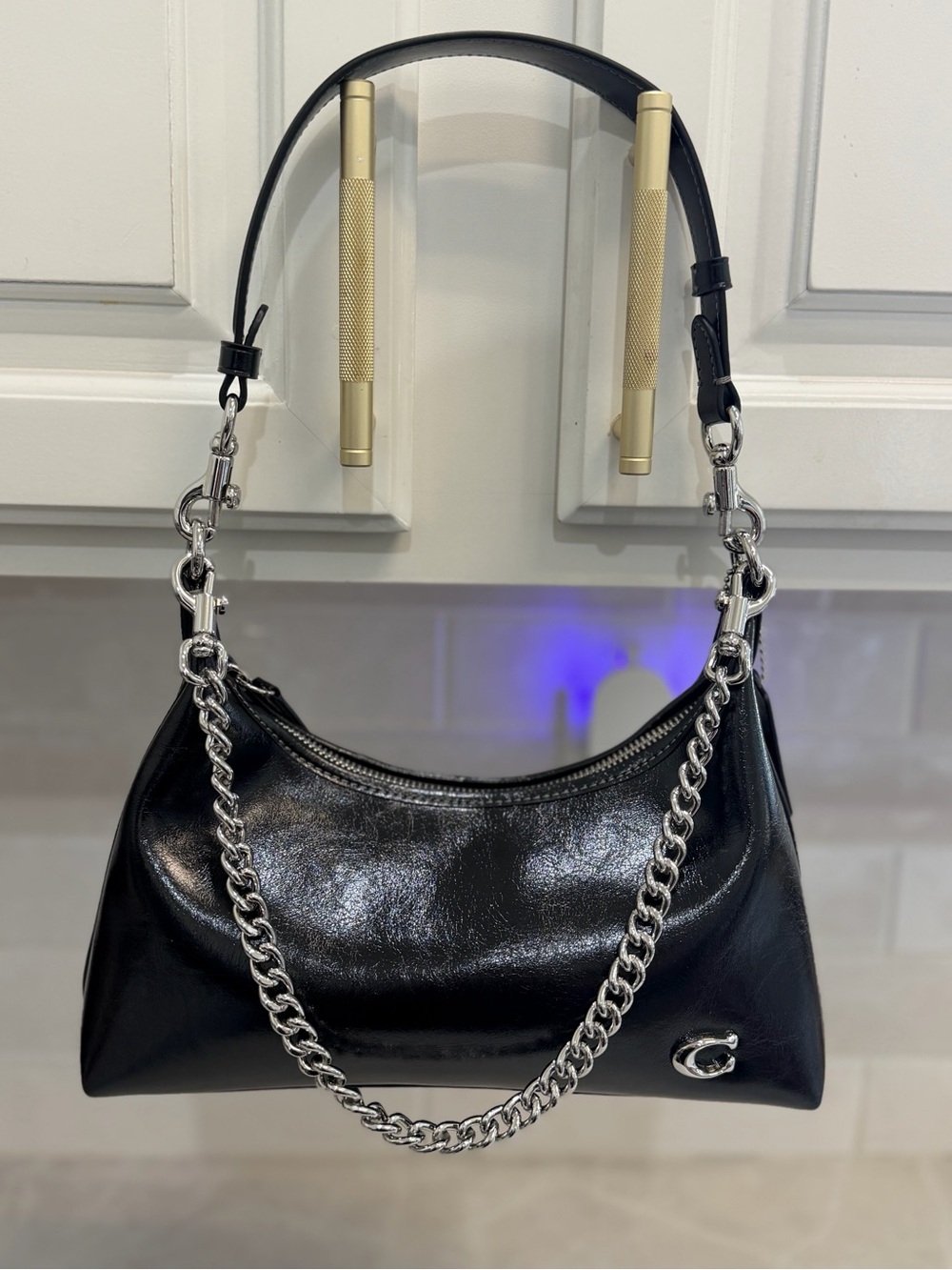 Coach Black Leather Shoulder Bag with Silver Chain Juliet 25